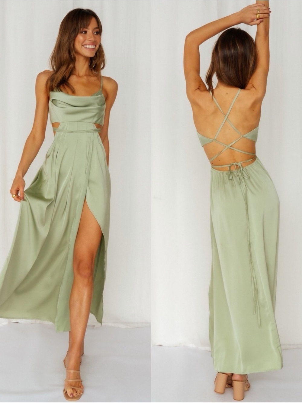 Hello Molly Satin Midi Dress Sage Green Cowl Neck Open Back Tie Back Small